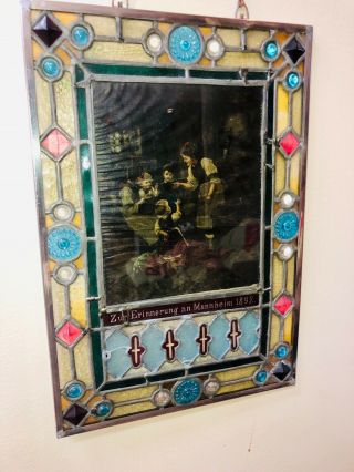 Very Rare Antique German Stained Glass Cross Faimly Town - Was 300$