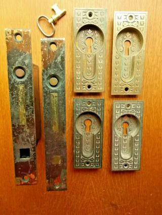 Antique Fancy Brass Pocket Door Two K&d Locks,  Key & Eastlake Finger Pulls C1885
