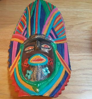 Colorful Mexican Folk Art Carved Wood Mask Measures 14.  5 In X 9 In