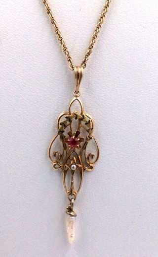 Victorian 10k Yellow Gold Ruby & Pearl Pendant Gold Filled Chain Necklace 20 "