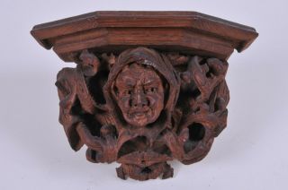 Antique Carved Wood Figural Monk Wall Shelf
