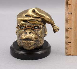 19thC Antique Bronze Sculpture Monkey Head w/ Glass Eyes & Eyeglasses Inkwell 2