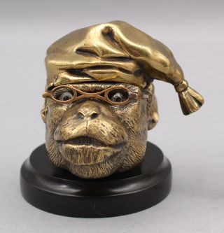 19thC Antique Bronze Sculpture Monkey Head w/ Glass Eyes & Eyeglasses Inkwell 3