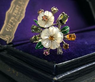 Vintage Estate Natural Tourmaline Mop Enamel Sterling Silver Floral Bouquet Ring