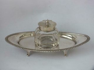 Antique Chester 1908 Solid Sterling Silver & Cut Glass Ink Stand/ L 16.  7 Cm