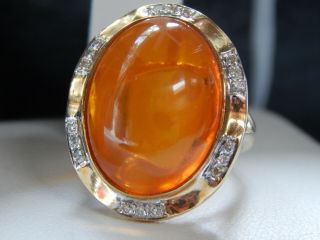 Vintage 14k Estate Large Natural Amber & Diamond Ladies Ring - Sz 5.  5 - 6.  4g