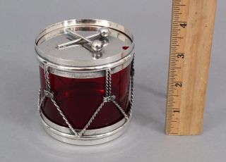 Antique R Blackinton Sterling Silver Ruby Glass Drum,  Condiment Jelly Jar