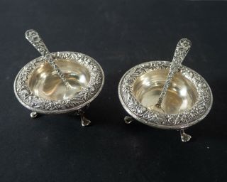 Sterling Silver Kirk & Sons Repousse Salt Cellars With Spoon