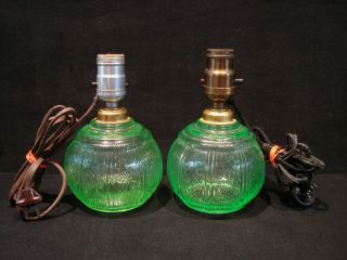 Set Of 2 Small Vintage Uranium Green Vaseline Depression Glass Electric Lamps