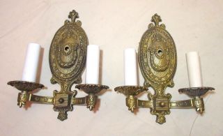 2 Antique Ornate Solid 2 Arm Brass Bronze Electric Wall Sconces Fixtures