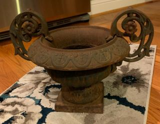 Antique Victorian Cast Iron Rosette Handled Garden Planter Urn