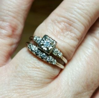 Vintage 14k Yellow Gold Diamond Wedding Engagement Ring Set