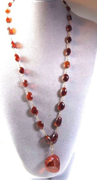 Vintage Antique Natural Baltic Amber Bezel Set Bead Pendant Necklace