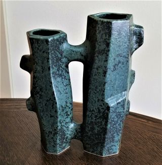 Vintage Mcm Toyo Japan Pottery Ikebana Modernist Brutalist Flower Double Vase 9 "