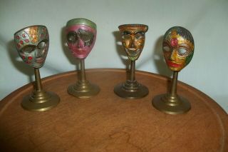 4 Vintage Brass Masks On Stand