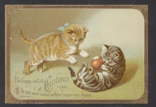 C10018 Victorian Xmas Card: Cats Playing With Ball