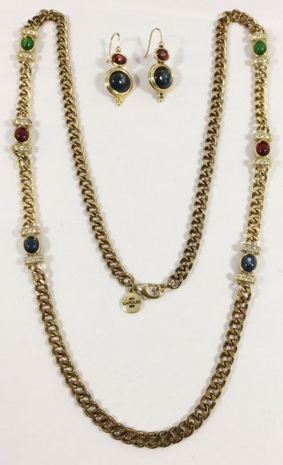 Vtg Carolee Gold Tone Red Blue Green Stone Rhinestone Necklace & Earrings Set