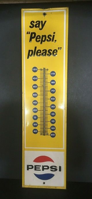 1960’s Pepsi Say “pepsi,  Please” Thermometer Sign Painted Tin - Not Porcelain