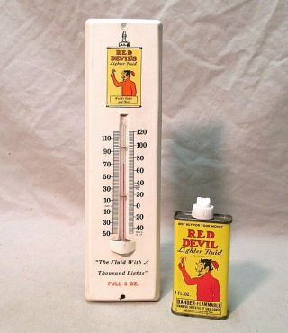 Vintage Red Devils Lighter Fluid Thermometer Tin Sign With Handy Oiler Can