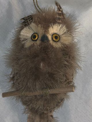 Large Vintage Handmade Owl W/ Feathers Wall Decoration