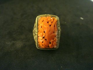 Antique Art Deco Large Carved Not Dyed Coral Chinese Silver Adjustable Ring