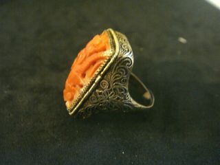 ANTIQUE ART DECO LARGE CARVED NOT DYED CORAL CHINESE SILVER ADJUSTABLE RING 3