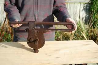 18th C.  Antique Hand Forged Iron Pad Lock W/ Skeleton Key & Hasp Latch Hardware