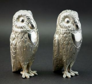 Antique 19thc Anglo Indian Solid Silver Novelty Owl Salt And Pepper Cruet Set