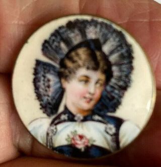 Antique Victorian Art Nouveau Figural Woman Painted Enamel On Brass Pin Brooch