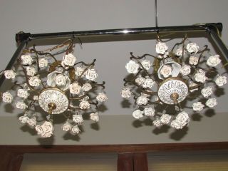 Pair Antique Vintage Italian Tole Porcelain Roses Ceiling Chandelier Rewired