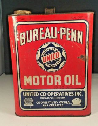 Vintage Bureau - Penn Unico Gas Station Sae 40 Motor Oil 2 Gallon Tin Can Handle