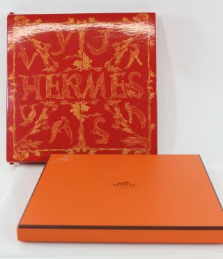 Hermes Empty Square Scarf Box With Red & Yellow Sleeve W/ Wildlife Motif