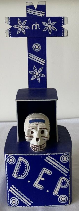 Hand Made Mexican Folk Art “day Of The Dead” Altar W Cross & Ceramic Skull
