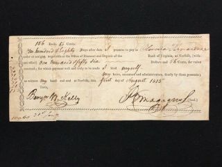 Early Bank Of Virginia Check August 1815