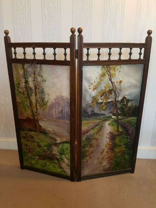 Antique Victorian Folding Fire Guard With Oil Paintings Cast Iron Fireplace Etc