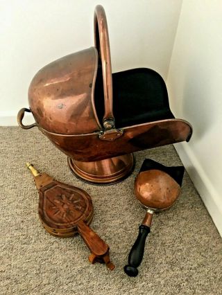 Victorian Copper Helmet Coal Scuttle Log Box,  Bellows & Shovel