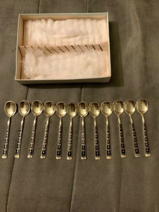 Set Of 12 Antique Sterling Silver Demitasse Spoons W/ Enamel Hestenes Norway