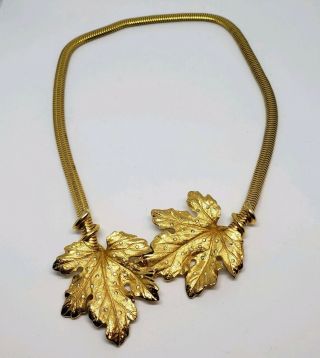 Vintage Yellow Gold Plated Pennino Designer Signed Leaf Rhinestone Necklace