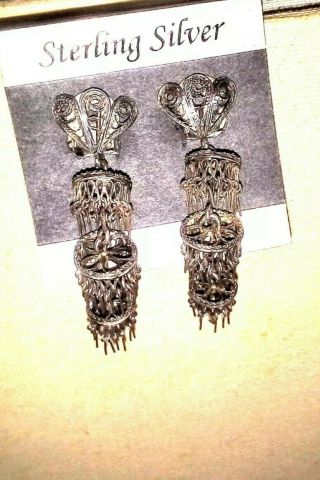Antique Chinese Sterling Silver 3 Tiered Earrings Clip Back 1920s They Shake