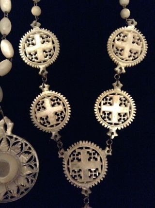 2 Vintage Carved Mop Mother Of Pearl Medallion Necklaces And Brooch