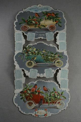 1909 Sweet Songsters Automobile & Birds Ornate Diecut Calendar 6 1/4 " X 13 1/2 "