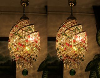 Pair Antique Vnt.  French Basket Style Swarovski Crystal Chandelier Light Lustre