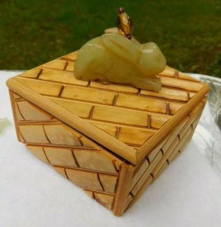 3x3 " Carved Wood Trinket Box W/ Green Tone Rabbit On Top Stone ? Jade ? Jadeite