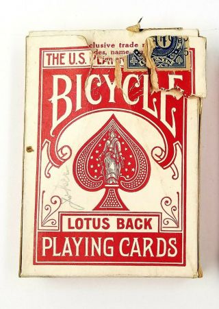 Vintage Bicycle Playing Cards No.  808 Red Deck Lotus Back 1920s Tax Stamp