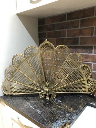 Early 20th C Brass Fold Out Phoenix Peacock Fire Screen