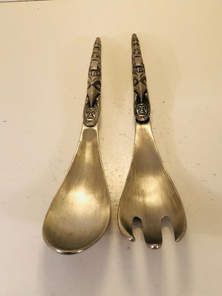 Boma Pewter Ladle Spoon & Fork Salad Serving Set - Pacific Nw Coast Totem Poles