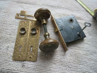 Eastlake Victorian Brass Antique Door Knob Lock Set Ornate Complete Key Mortise