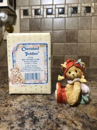 1992 Cherished Teddies Christmas Ornament Bear Holly On Stocking Hat Box 951226