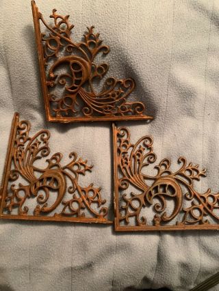 Set Of 3 Cast Iron Gingerbread Brace Shelf Brackets Antique Brown Patina Finish