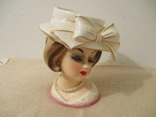 Vintage Enesco Lady Head Vase W/hat Bow Pearl Necklace Earring